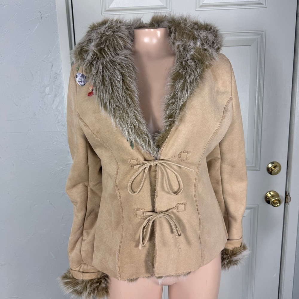 Vintage Y2K Appraisal Penny Lane Jacket  M Fuax Fur Suede Embroidered Boho Hood